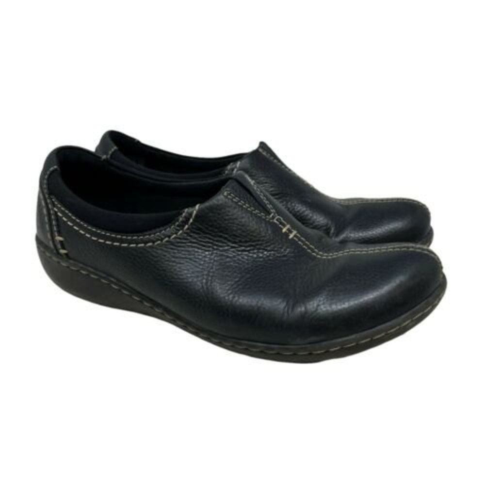 CLARKS Collection Soft Cushion Women's Black Leather Clog Mules Size 8w